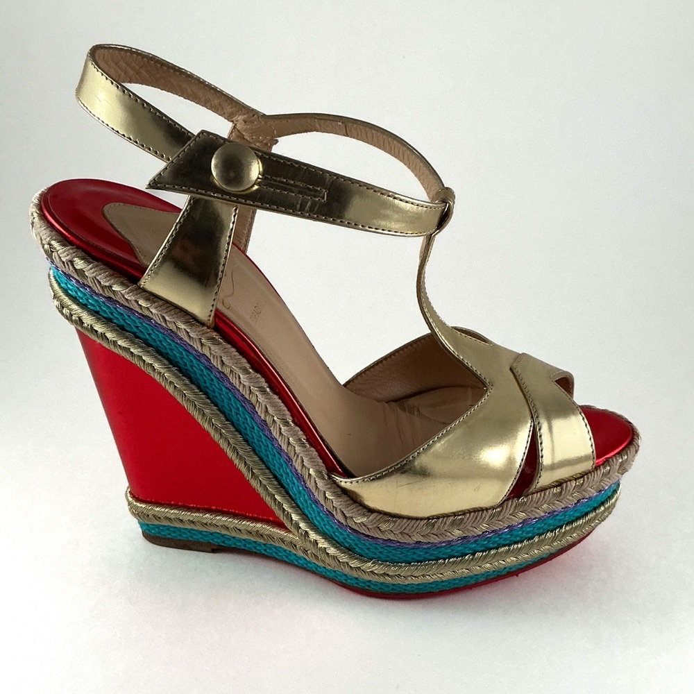 Christian Louboutin Trotolita Metallic Gold Wedge Sandals - Picture 5 of 11